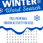 Winter word search. A free printable indoor activity for kids. The black and white puzzle is decorated with images of a snowman, and a boy throwing snowballs for kids to color. It has 16 winter words for children to find and circle.