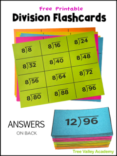 Free printable division flashcards with answers on back. 13 sheets of card stock with 12 horizontal division flashcards per page. Use scissors to cut out and have division flashcards for 0-12. Free downloadable pdf.