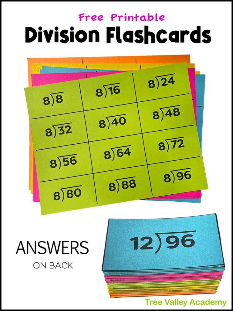 Free printable division flashcards with answers on back.  13 sheets of card stock with 12 horizontal division flashcards per page.  Use scissors to cut out and have division flashcards for 0-12.  Free downloadable pdf.