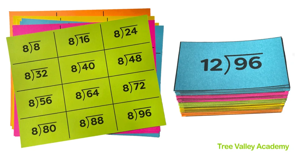 13 sheets of card stock with 12 horizontal division flashcards per page.  Use scissors to cut out and have division flashcards for 0-12.  Each flashcard looks like a long division problem.  It has the divisor to the left of the long division sign, with the dividend underneath.  Free printable pdf.