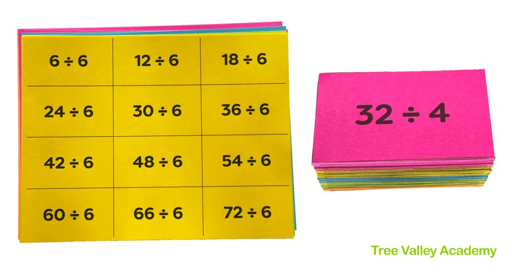 13 sheets of card stock with printed division flashcards.  12 horizontal flash cards per page. Use scissors to cut out and have division flashcards for 0-12.  It has the dividend, followed by the division symbol, and then the divisor.  The division sign of these free printable math flashcards is the line with a dot over and under the line.