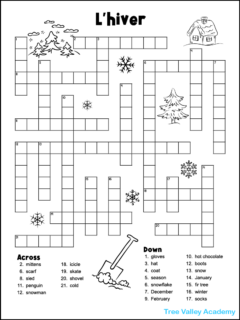 Printable winter themed crossword puzzle titled: L'hiver. The French vocabulary worksheet has black and white images decorating the page that kids can color if they wish. There's a drawing of a hill with snow covered fir trees, snowflakes, a shovel sticking out of snow, and a house in winter. There are 23 clues down and across. The clues are written in English, and the student needs to write the French translations into the puzzle.