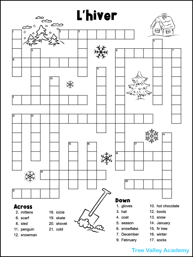 Printable winter themed crossword puzzle titled: L'hiver.  The French vocabulary worksheet has black and white images decorating the page that kids can color if they wish.  There's a drawing of a hill with snow covered fir trees, snowflakes, a shovel sticking out of snow, and a house in winter.  There are 23 clues down and across.  The clues are written in English, and the student needs to write the French translations into the puzzle.