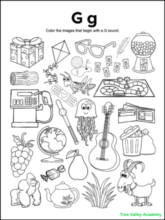 A free printable letter G beginning sound worksheet for kindergarten students. The letter G coloring page has 25 images. 15 items are letter G pictures for kids to color.