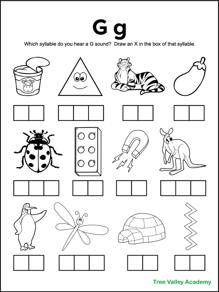 A free printable letter g sound worksheet perfect for 1st grade students. There's 12 black and white images of items and kids need to sound each word out, and identify which syllables contain a hard G sound. Kids will mark an X in the box representing that syllable. Free downloadable pdf includes answer page.