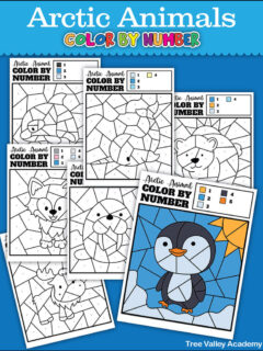 7 color by number worksheets of arctic animals for kindergarten or preschoolers. There's a coloring page of an orca, arctic fox, narwhal, polar bear, walrus, moose and a penguin. Helps kids practice identifying the numbers 1-5.