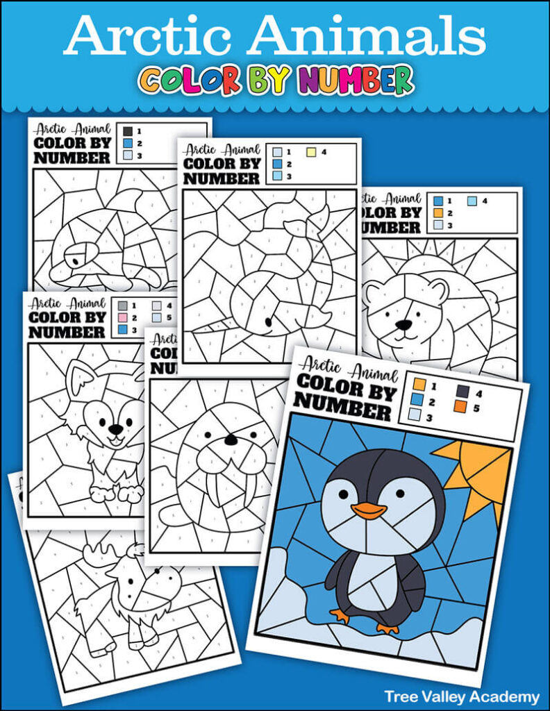 7 color by number worksheets of arctic animals for kindergarten or preschoolers. There's a coloring page of an orca, arctic fox, narwhal, polar bear, walrus, moose and a penguin. Helps kids practice identifying the numbers 1-5.