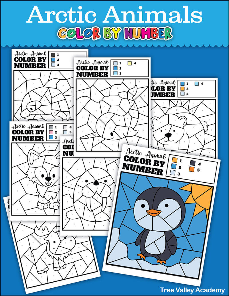 arctic animals color by number worksheets for kindergarten or preschool