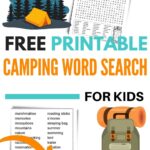 Free printable camping word search for kids. The black and white printable has 32 camping words hidden in an 18 X 21 grid of letters.