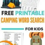 Free printable camping word search for kids. The black and white printable has 32 camping words hidden in an 18 X 21 grid of letters.