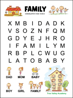 Printable family themed word search for kindergarten. There are 6 words hidden in a 6X8 very large print grid of letters. Each of the words to find have a picture above it helping kids to be able to read each word. The puzzle is decorated with a house and a family.