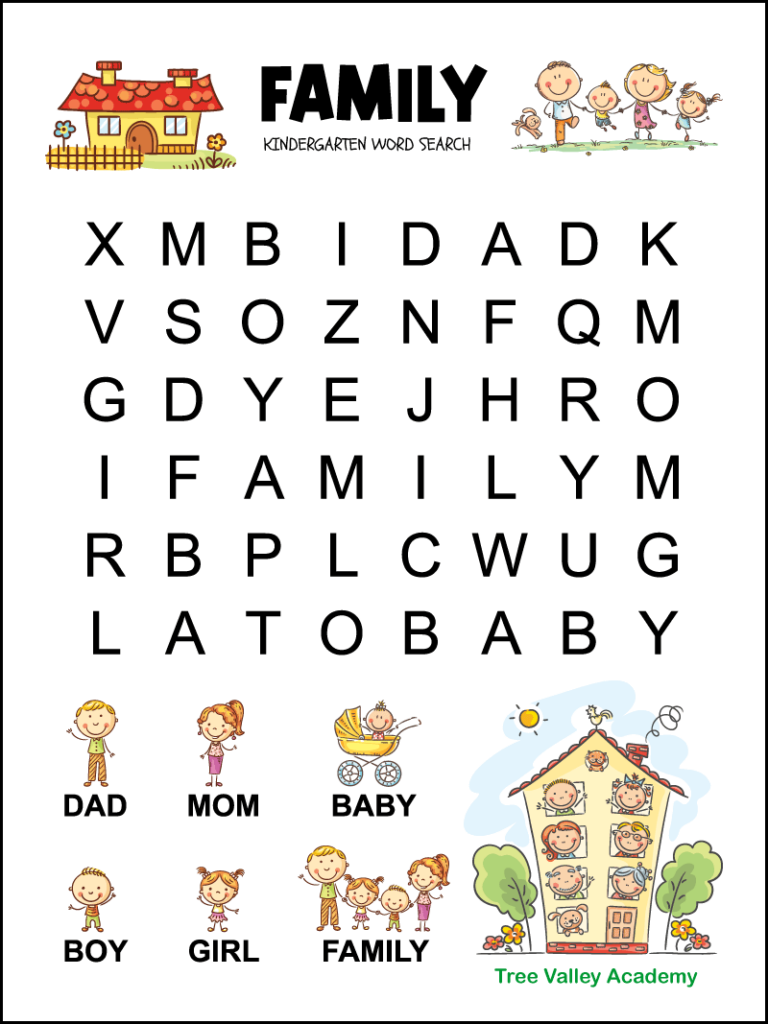 Printable family themed word search for kindergarten. There are 6 words hidden in a 6X8 very large print grid of letters. Each of the words to find have a picture above it helping kids to be able to read each word. The puzzle is decorated with a house and a family.