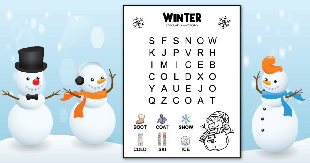 A preschool winter word search with 6 hidden words. The winter words are hidden in a 6 X 6 grid of very large uppercase letters. Each word has an image above it to help kids who don't know how to read. There's a picture of a snowman wearing a hat and scarf that kids can color.