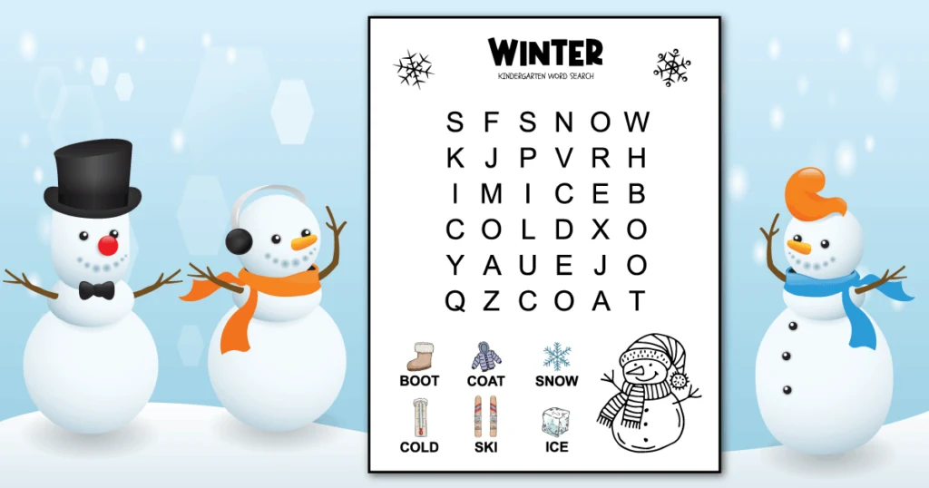 A preschool winter word search with 6 hidden words. The winter words are hidden in a 6 X 6 grid of very large uppercase letters. Each word has an image above it to help kids who don't know how to read. There's a picture of a snowman wearing a hat and scarf that kids can color.