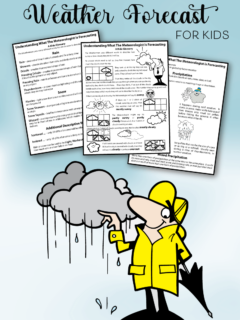 Image of 3 pages of a printable kid-friendly weather glossary with weather forecast definitions. Also an image of a Weatherman dressed in a raincoat holding an umbrella forecasting rain. The text: 