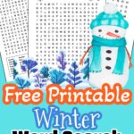 Free printable winter word searches for kids. The black and white printable puzzles are decorated with images that kids can color.
