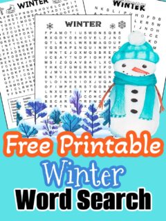 Free printable winter word searches for kids. The black and white printable puzzles are decorated with images that kids can color.