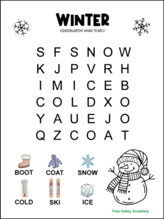 Free printable easy winter word search for kindergarten students. It has a 6 X 6 grid of very large print letters. There are 6 words each with an image above each word showing kids what the word is. The words are boot, coat, snow, cold, ski and ice. There's also an image of a snowman with a hat and scarf that kids can color.