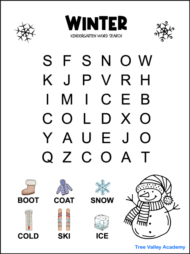 Free printable easy winter word search for kindergarten students.  It has a 6 X 6 grid of very large print letters. There are 6 words each with an image above each word showing kids what the word is.  The words are boot, coat, snow, cold, ski and ice.   There's also an image of a snowman with a hat and scarf that kids can color.