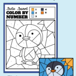 Penguin color by number kindergarten worksheet. Also shows the penguin coloring page fully coloured. Ideal for kindergarten or preschool students to practice number recognition of numbers 1-5.