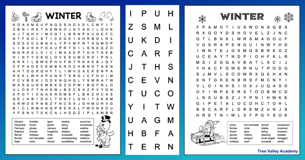 Winter word search puzzles that print in black and white for kids. Each puzzle has winter words to find and winter images to decorate the page.