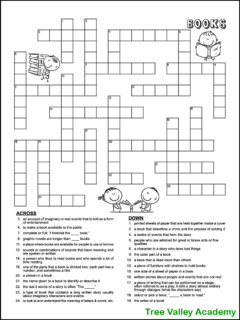 A screenshot of a printable book themed crossword puzzle for kids. There are 13 clues across and 13 clues down for kids to solve. The black and white printable has 3 cute images that kids can color if they wish. The images are a boy carrying a stack of books, a boy reading a book, and a boy and a girl reading a book together.