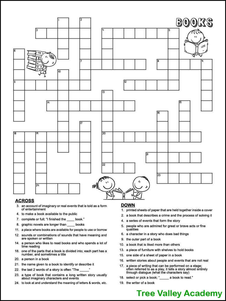 A screenshot of a printable book themed crossword puzzle for kids.  There are 13 clues across and 13 clues down for kids to solve.  The black and white printable has 3 cute images that kids can color if they wish.  The images are a boy carrying a stack of books, a boy reading a book, and a boy and a girl reading a book together.