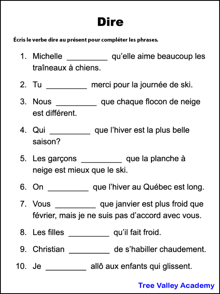French Verb Worksheet For The Verb Dire Tree Valley Academy