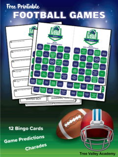 Free printable football games. 12 bingo cards, game predictions and charades.