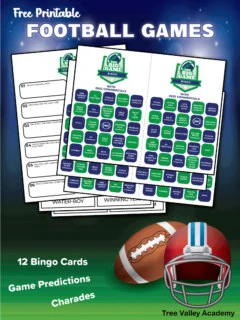 Free printable football games. 12 bingo cards, game predictions and charades.