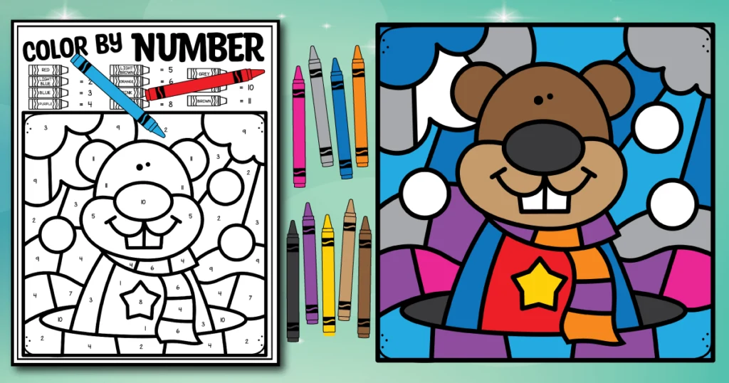 A printable Groundhog Day color by number coloring page with a picture showing what the coloring sheet will look like when colored. Kids will need to identify the numbers 1 to 11. It's a picture of a ground hog looking out of his hole when it’s snowing outside. He’s wearing a winter coat and scarf.