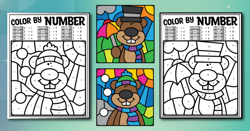 2 printable groundhog themed color by number printables, along with pictures showing what the worksheets will look like when coloured.  Kids will need to identify the numbers 1 to 12. In one picture, it's snowing and a groundhog is wearing a winter hat and a scarf.  In the other picture, the groundhog is wearing a top hat and a scarf while holding an umbrella.