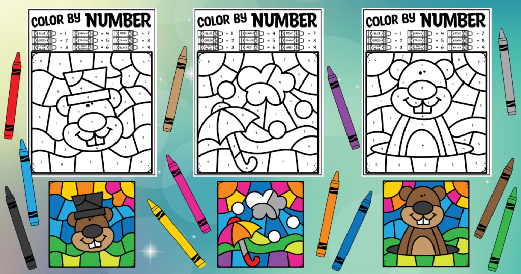 3 printable groundhog themed color by number printables.  Kids will need to identify the numbers 1 to 9. There are pictures of the kindergarten coloring worksheets fully coloured and crayons are scattered around the worksheets. There's a ground hog wearing a top hat in spring,
a groundhog sitting in his hole during the spring, and a picture with an umbrella, some snowflakes, rain and snow clouds.