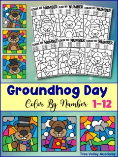 Groundhog Day color by number 1-12. Showing 6 printable groundhog color by number worksheets and what the pictures look like when coloured.