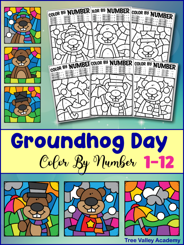 Groundhog Day color by number 1-12.  6 printable groundhog color by number worksheets and what the pictures look like when coloured.