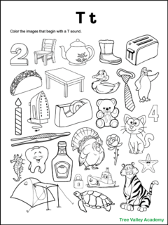 A free printable letter T beginning sound worksheet for kindergarten students. The letter T coloring page has 28 images. 14 items are letter T pictures for kids to color.