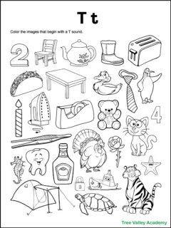 A free printable letter T beginning sound worksheet for kindergarten students. The letter T coloring page has 28 images. 14 items are letter T pictures for kids to color.