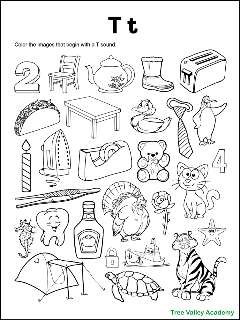 A free printable letter T beginning sound worksheet for kindergarten students. The letter T coloring page has 28 images.  14 items are letter T pictures for kids to color.