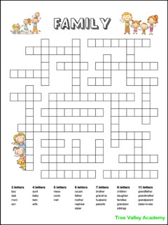 A one page free printable family themed fill in word puzzle. The puzzle has 29 words to fit in the puzzle. There are 3 letter words all the way up to 11 letter words. Images of 3 families decorate the page. There's a single parent family of a mom and a daughter, a 2 parent family with 2 kids, and a mom and dad with a baby and toddler. The downloadable pdf has 2 versions to choose from: black and white or color. A child might enjoy coloring the black and white version.