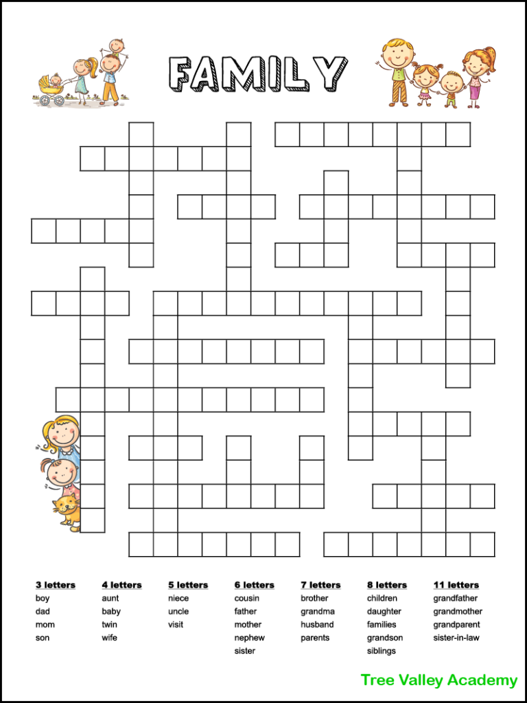 A one page free printable family themed fill in word puzzle. The puzzle has 29 words to fit in the puzzle. There are 3 letter words all the way up to 11 letter words. Images of 3 families decorate the page. There's a single parent family of a mom and a daughter, a 2 parent family with 2 kids, and a mom and dad with a baby and toddler. The downloadable pdf has 2 versions to choose from: black and white or color.  A child might enjoy coloring the black and white version.