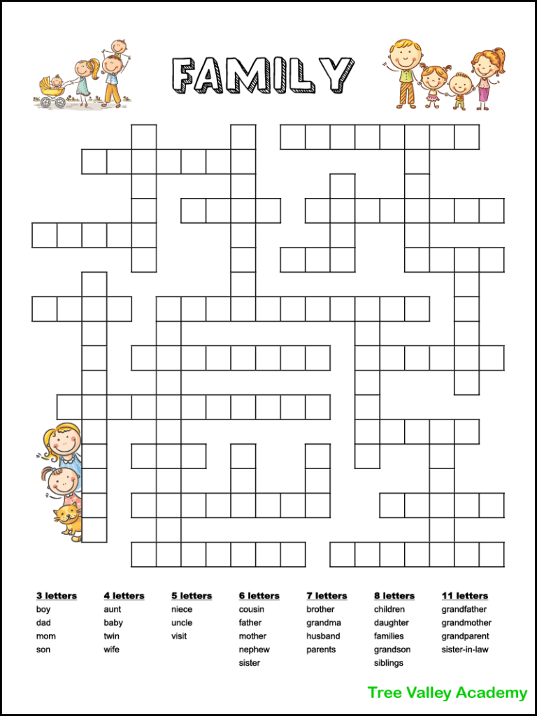 A one page free printable family themed fill in word puzzle. The puzzle has 29 words to fit in the puzzle. There are 3 letter words all the way up to 11 letter words. Images of 3 families decorate the page. There's a single parent family of a mom and a daughter, a 2 parent family with 2 kids, and a mom and dad with a baby and toddler. The downloadable pdf has 2 versions to choose from: black and white or color. A child might enjoy coloring the black and white version.