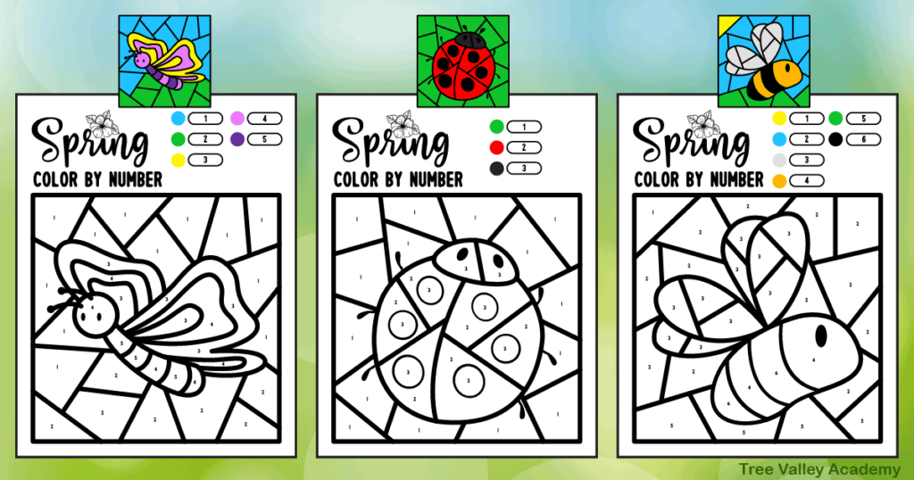 3 printable spring color by number worksheets and images of them when fully coloured.  There's a simple butterfly, ladybug, and bee.  The mostly black and white insect printables contain a small circle of each color beside its number.