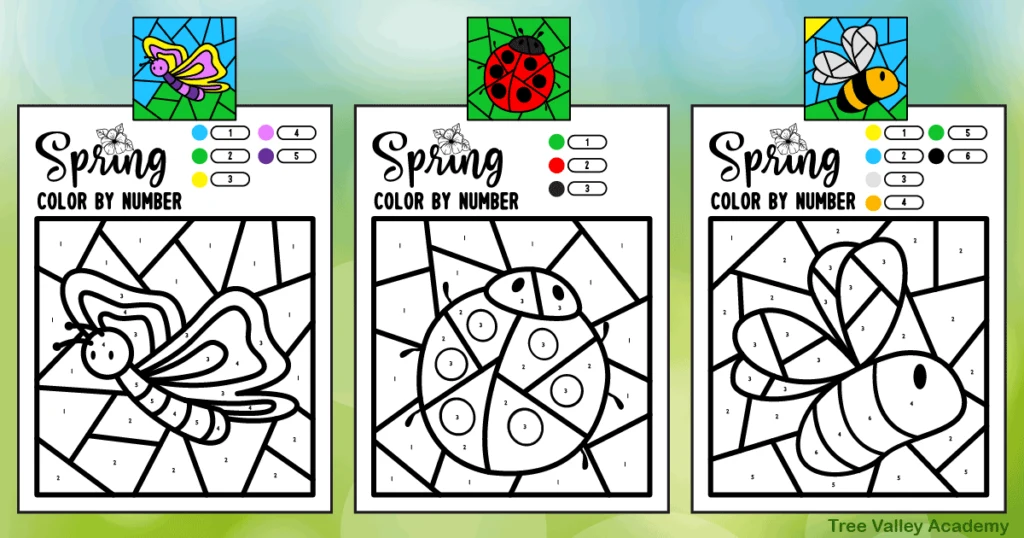 3 printable spring color by number worksheets and images of them when fully coloured.  There's a simple butterfly, ladybug, and bee.  The mostly black and white insect printables contain a small circle of each color beside its number.