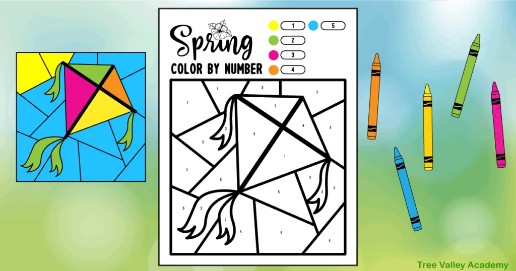 A printable kite color by number worksheet and a picture showing what it will look like when fully coloured.  The simple diamond kite has streamers and is flying in a blue sky with a sun.  The mostly black and white printable contains a small circle of each color beside the numbers 1-5.  Crayons needed to color the kite math worksheet are orange, blue, yellow, green, and pink.