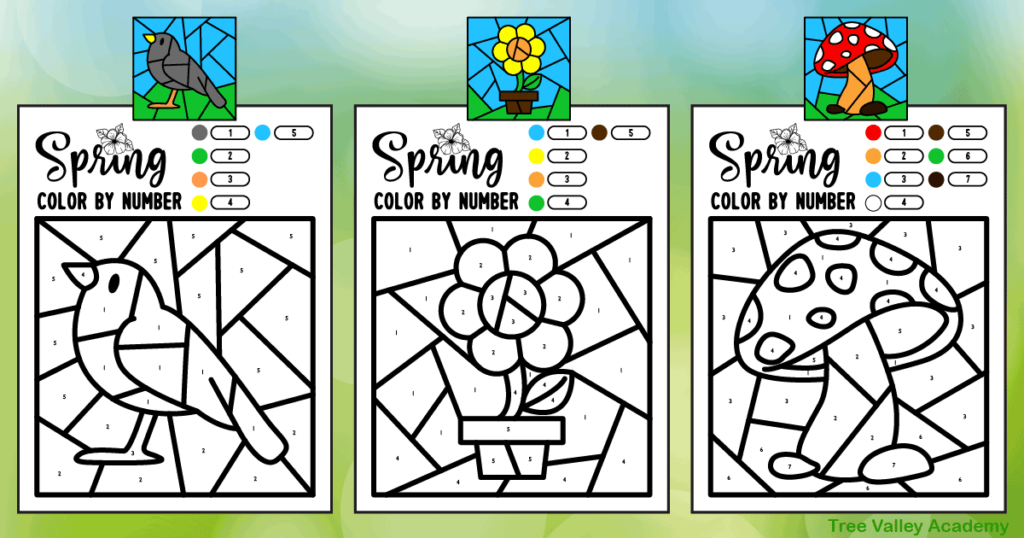 3 printable spring color by number coloring pages and images showing them fully coloured.  There's a simple bird, flower, and a toadstool.  The mostly black and white coloring worksheets contain a small circle of each color beside its number. Kids will practice identifying the numbers 1 to 7.