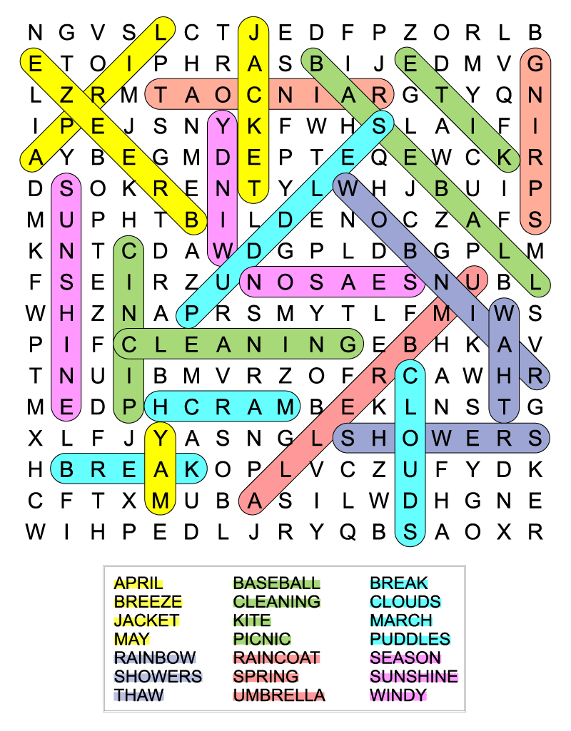 A color coded spring word search answer key.