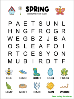 Printable spring themed word search for kindergarten. There are 10 words hidden in a 6X8 very large print grid of letters. Each of the words to find have a picture above it helping kids to be able to read each word. The puzzle is decorated with a bird house, flower, and butterfly. The images are in color but there's another version in black and white.
