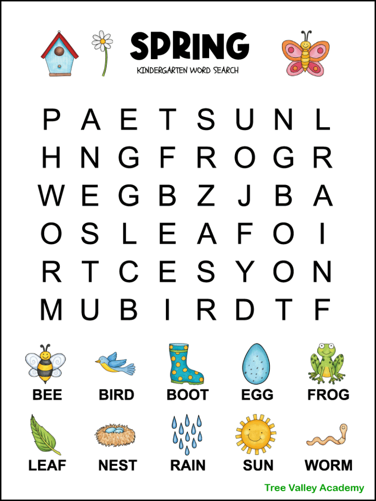 Printable spring themed word search for kindergarten. There are 10 words hidden in a 6X8 very large print grid of letters. Each of the words to find have a picture above it helping kids to be able to read each word. The puzzle is decorated with a bird house, flower, and butterfly.  The images are in color but there's another version in black and white.