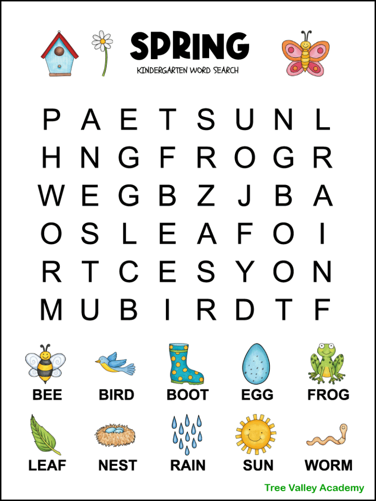 Spring Word Search For Kindergarten Tree Valley Academy