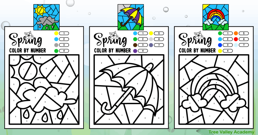 3 printable spring weather color by number worksheets and images of them when fully coloured.  There's a simple umbrella, rain cloud, and a rainbow.  The mostly black and white weather printables contain a small circle of each color beside its number.